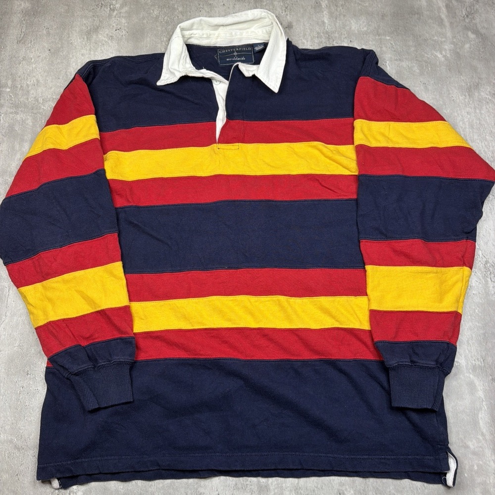 Vintage 90s Chesterfield Worldwide Striped Long Sleeve Rugby Polo Mens L Y2K